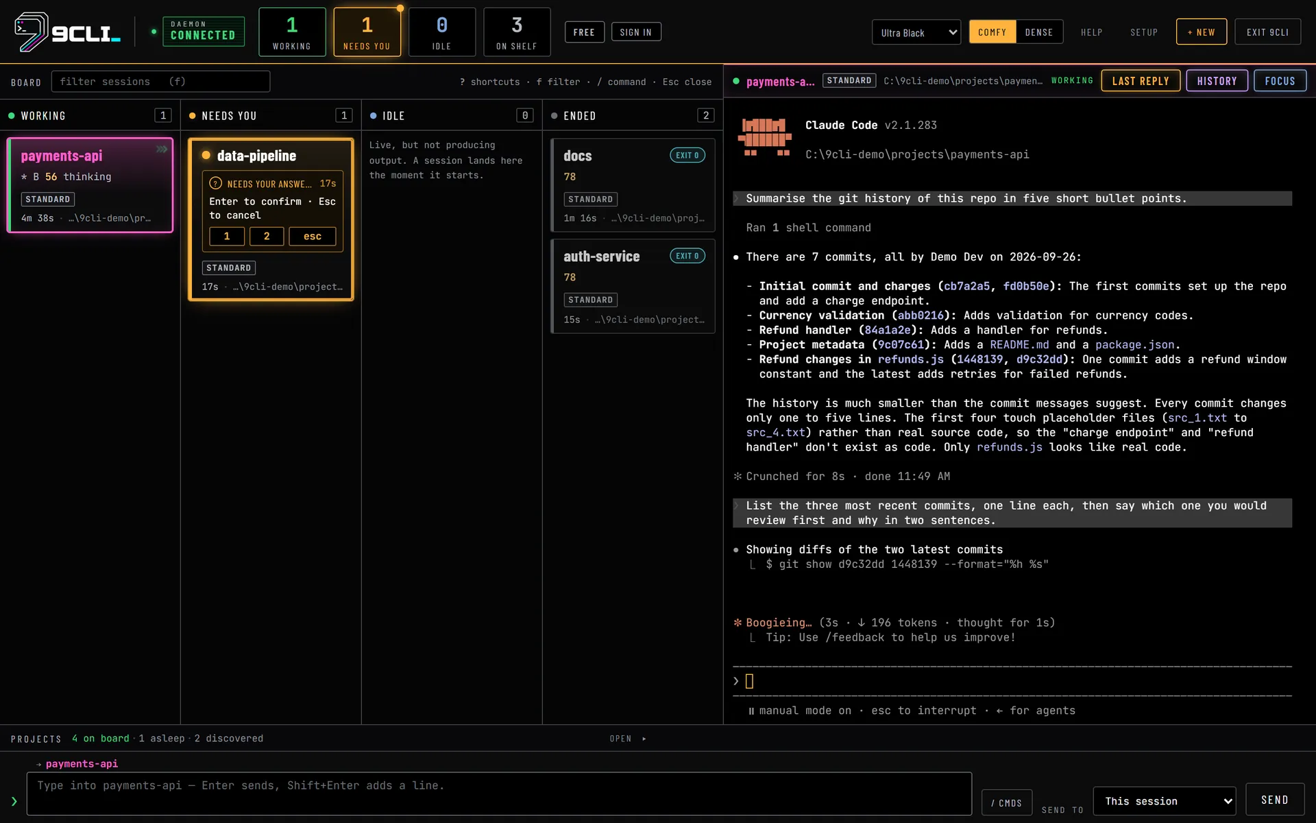 The 9CLI board in the Ultra Black theme. Four lanes: payments-api is Working, with its chevron indicator lit; data-pipeline is in Needs you, asking whether to trust its folder, with 1, 2 and esc answer buttons on the card; Idle is empty; docs and auth-service are in Ended with EXIT 0 badges. On the right, the payments-api terminal shows Claude Code working through a git history question.