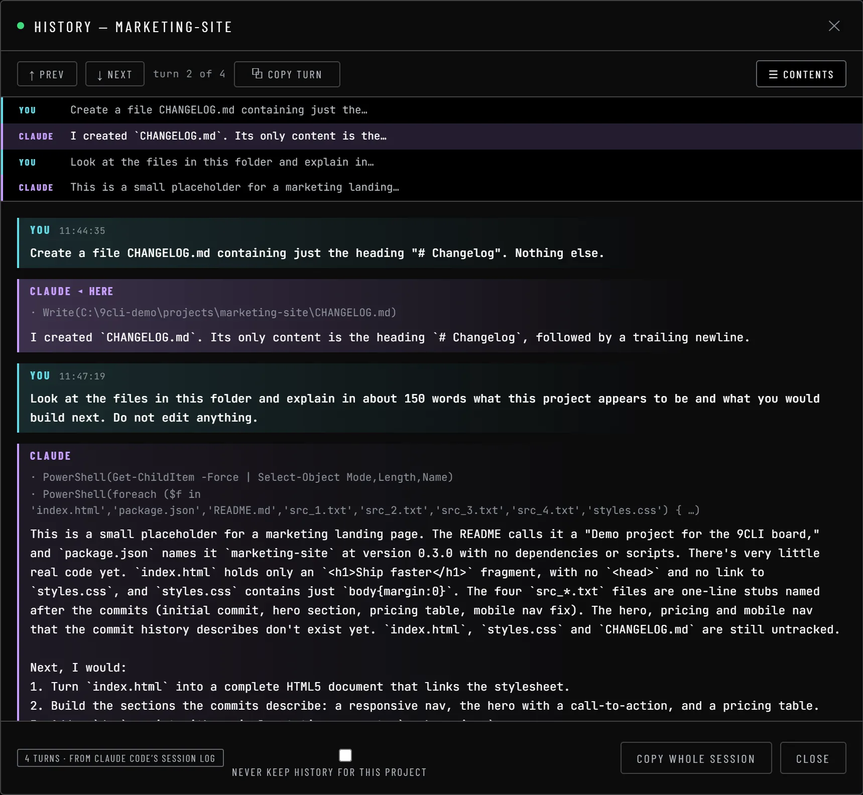 The History panel for marketing-site in the Ultra Black theme. Prev and Next buttons, a counter reading turn 2 of 4, Copy turn, and an open Contents list with four rows labelled You and Claude by their first words. Below, the transcript with the current Claude turn marked here.