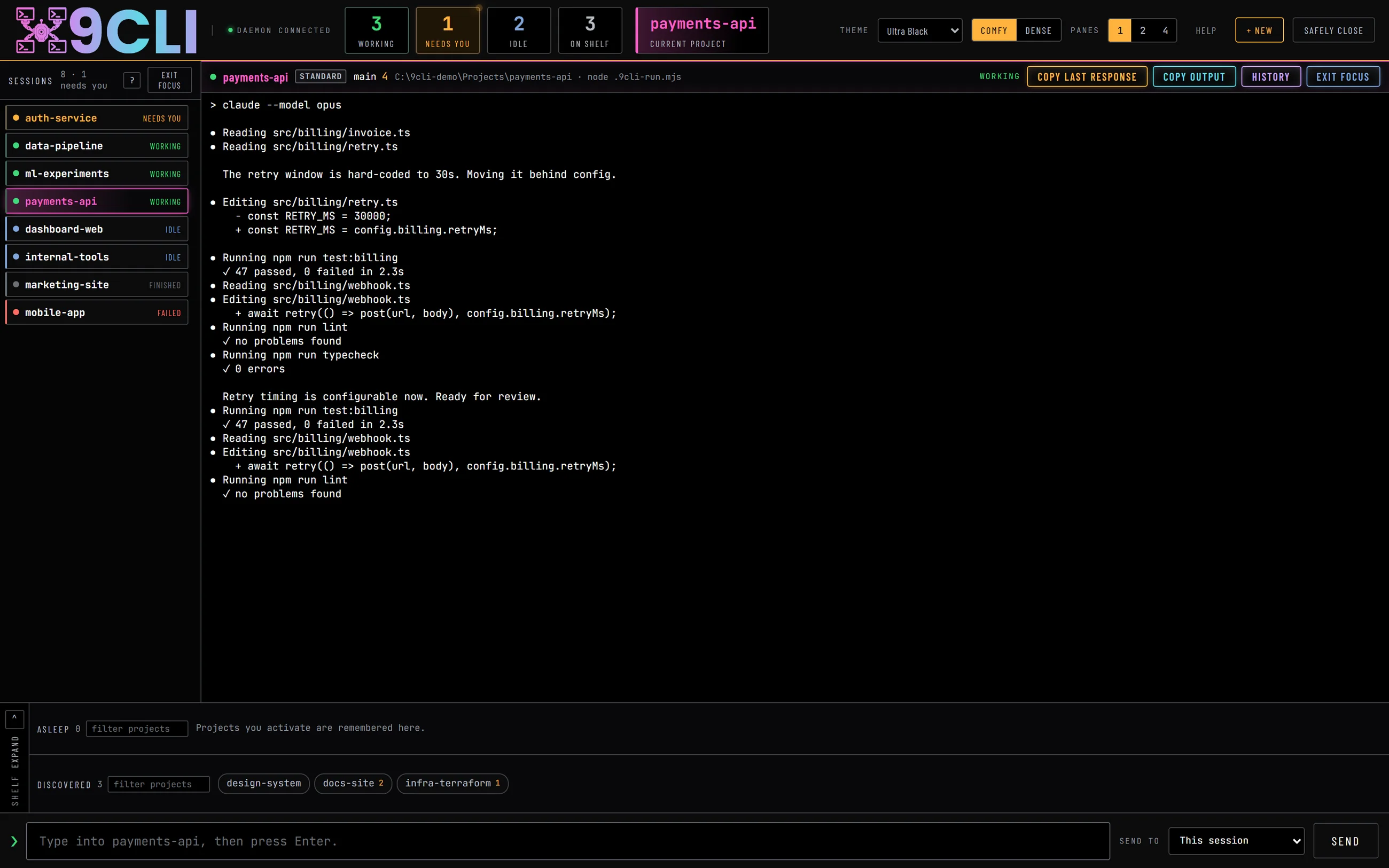 Focus Mode in 9CLI: the payments-api session fills the stage with its live terminal output while the other seven sessions keep colour-coded rows in the left rail, auth-service sorted to the top as Needs you. The pane header carries the Standard permission profile, the main branch and the uncommitted count.
