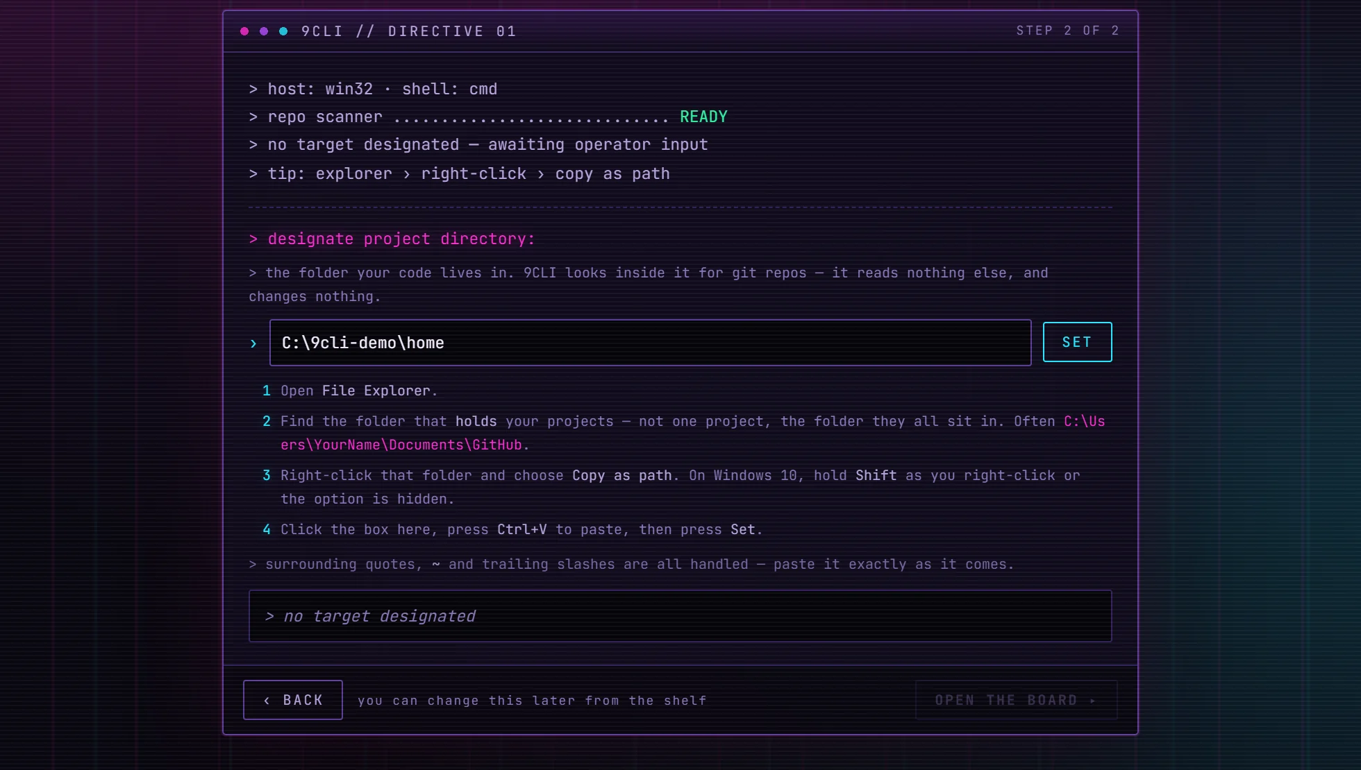 Step 2 of 2 of the 9CLI first-run wizard: designate project directory, with a path box, a Set button and a four-step walkthrough — open File Explorer, find the folder that holds your projects, right-click and Copy as path, then paste and press Set.